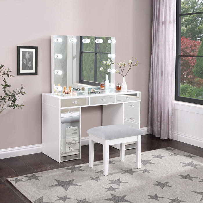 Regina 3-piece Makeup Vanity Table Set Hollywood Lighting White and Mirror image